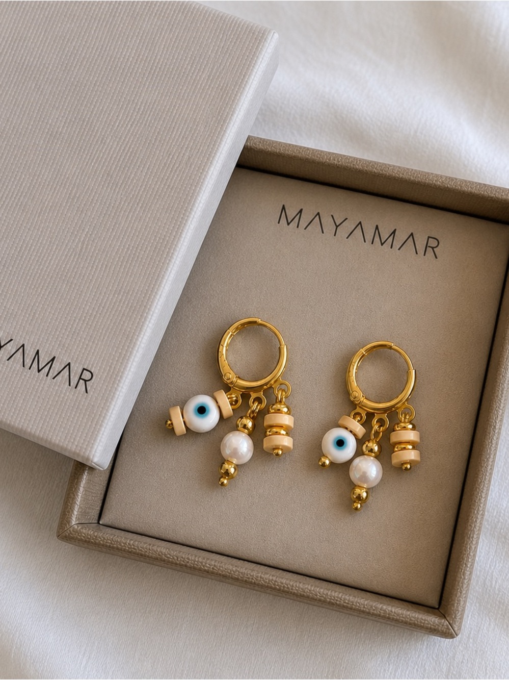 New MAYAMAR Gold Huggie Earrings with Blue-White Eye Beads & Pearls